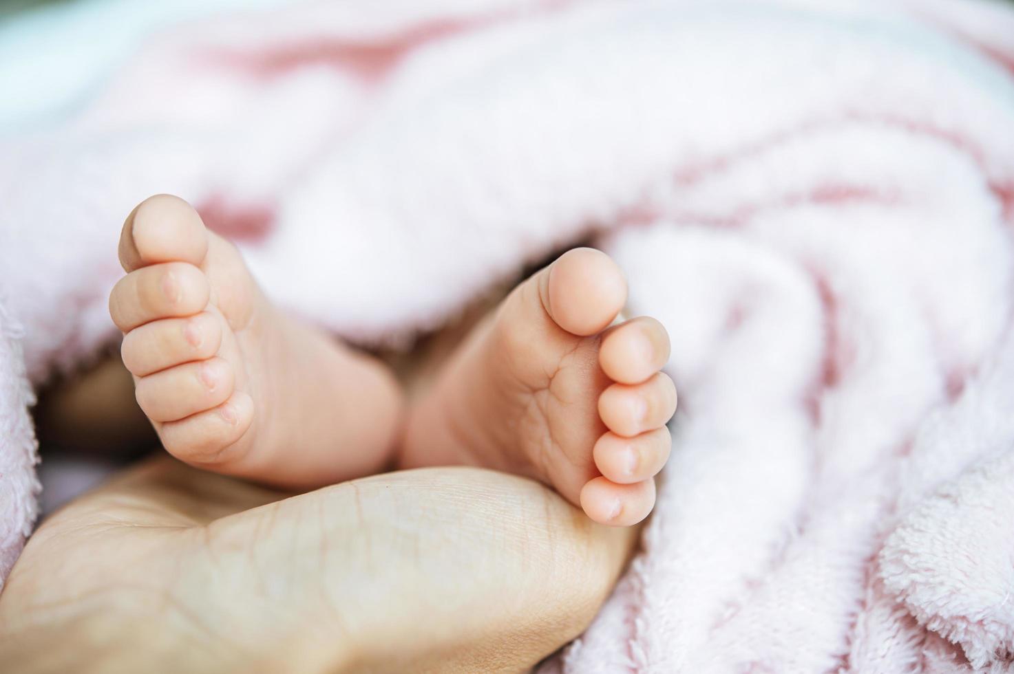 Newborn baby feet on mother's hand photo