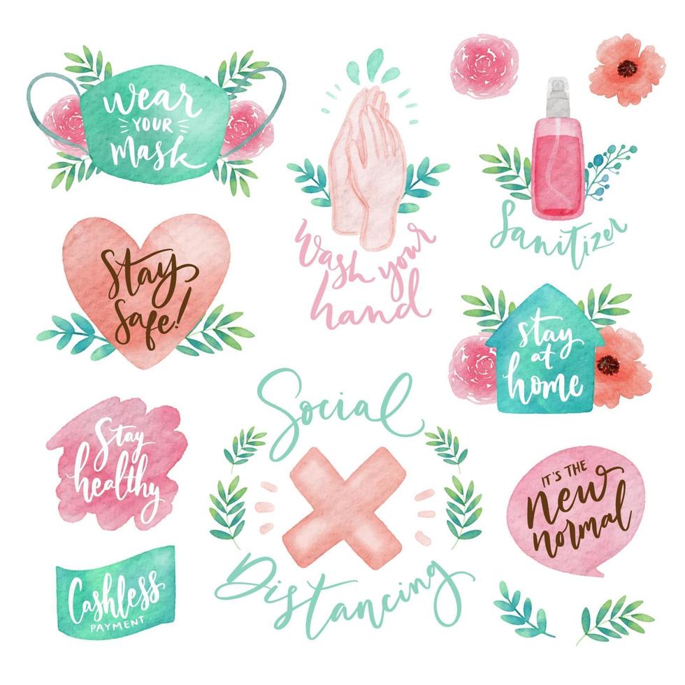 Pack Of Cute Watercolor The New Normal Stickers vector