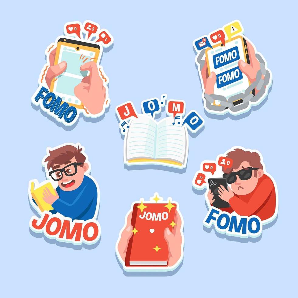 etiqueta engomada del estilo de vida de fomo jomo vector