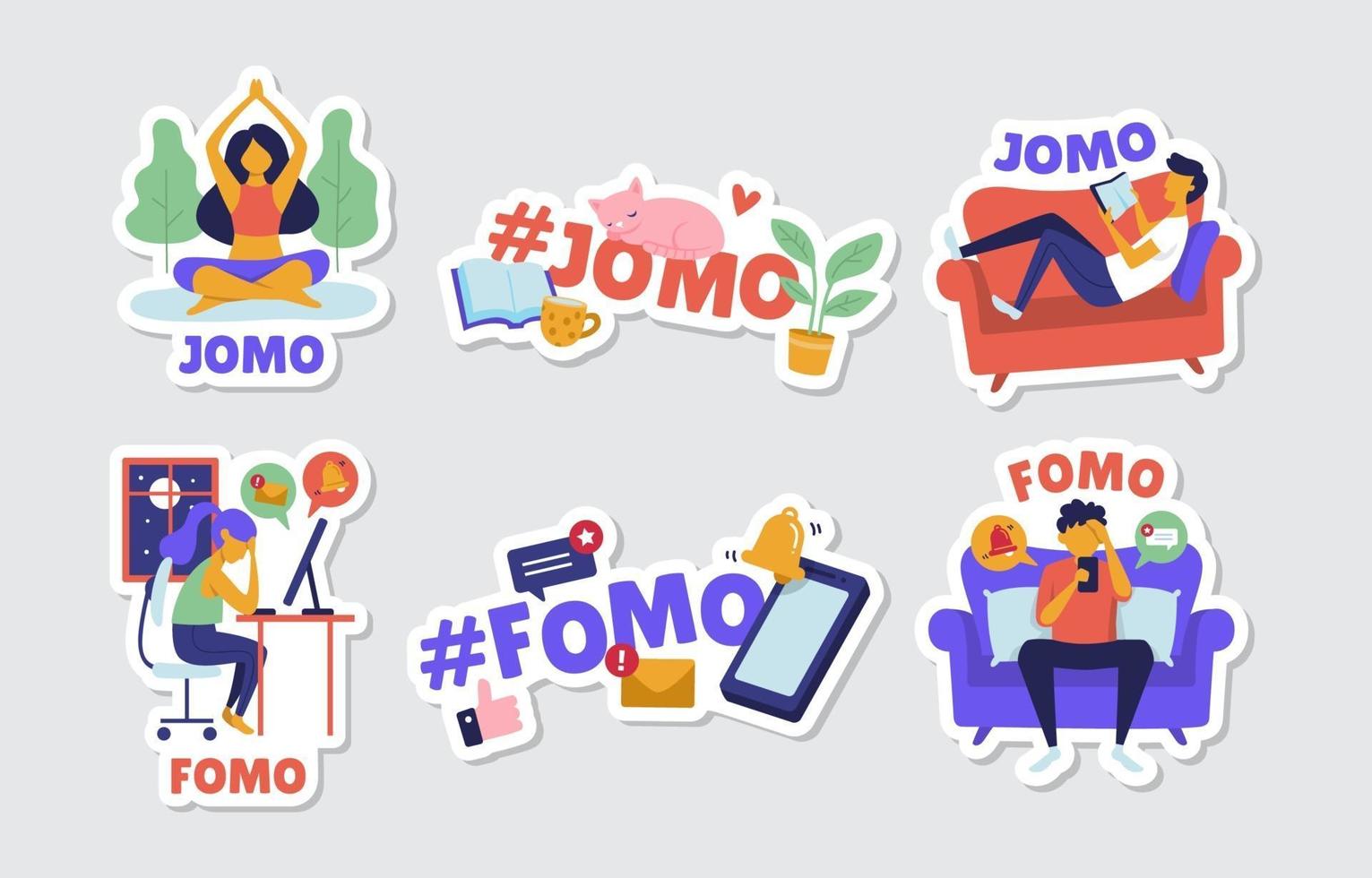 fomo y jomo pegatinas vector