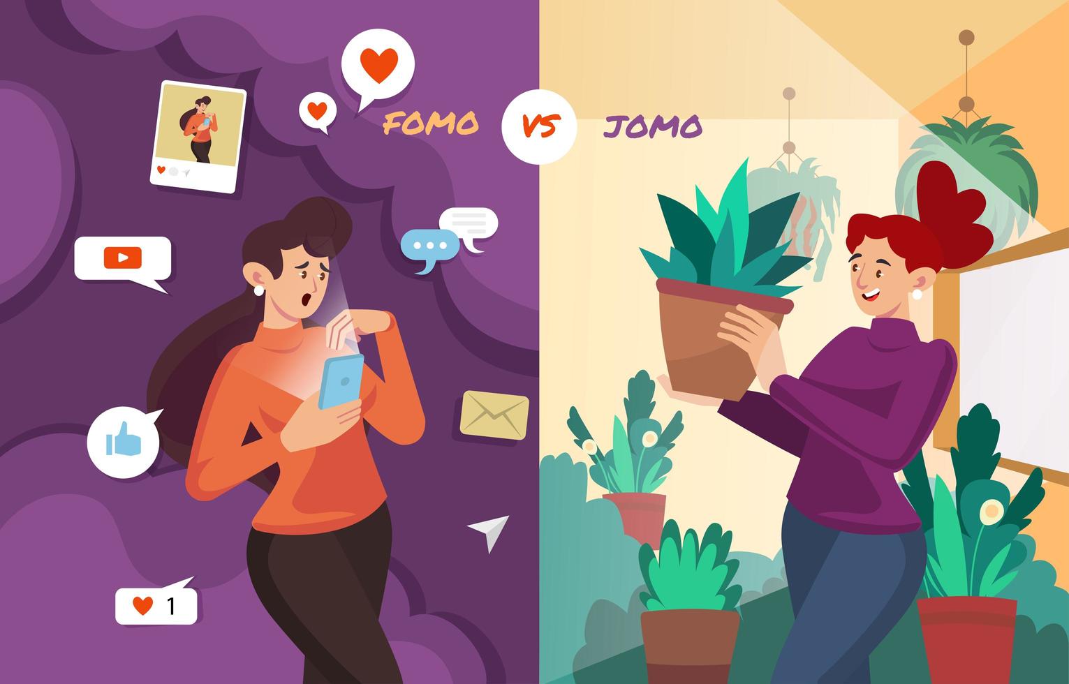 mujeres con fomo y jomo vector