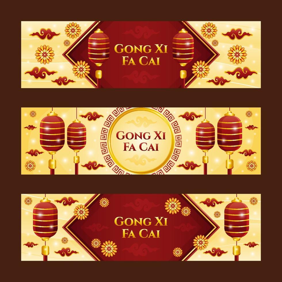 colección de pancartas gong xi fa cai con linterna y composición de adornos florales vector