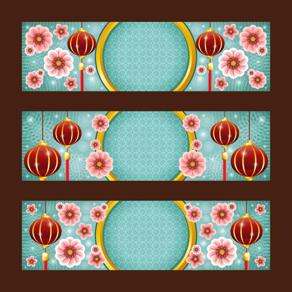 Chinese New Year Banner Collection with Lantern and Flower Ornament Composition vector