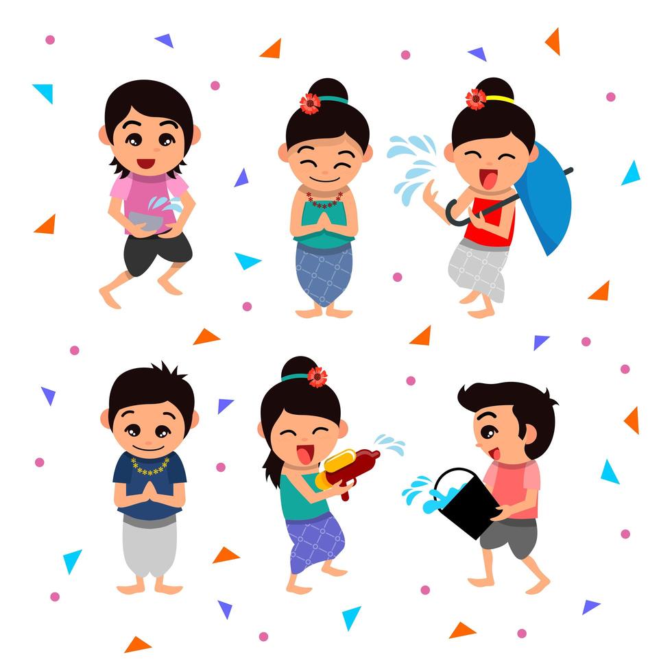 feliz festival de songkran conjunto de caracteres vector