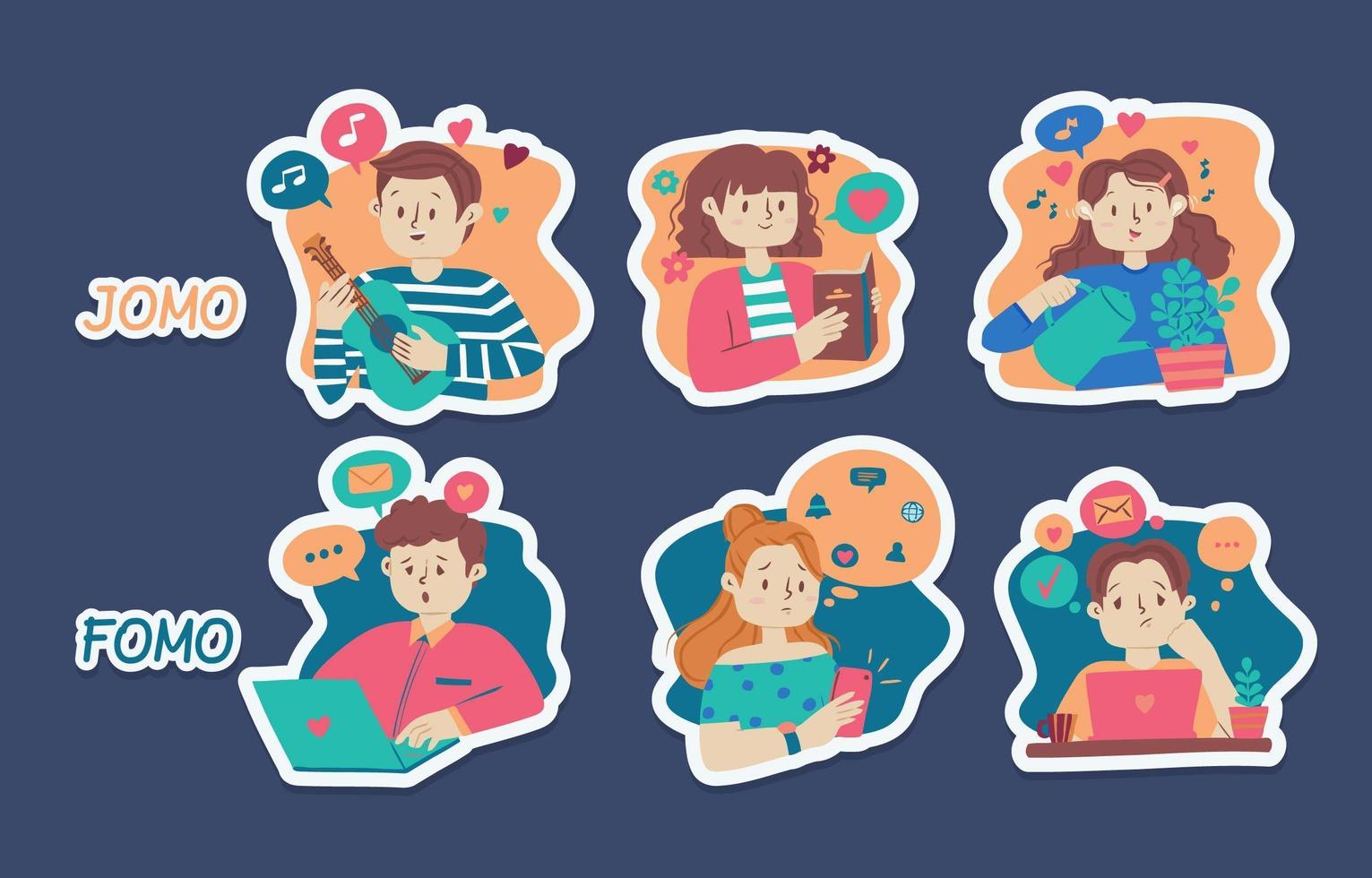 FOMO vs JOMO Stickers vector