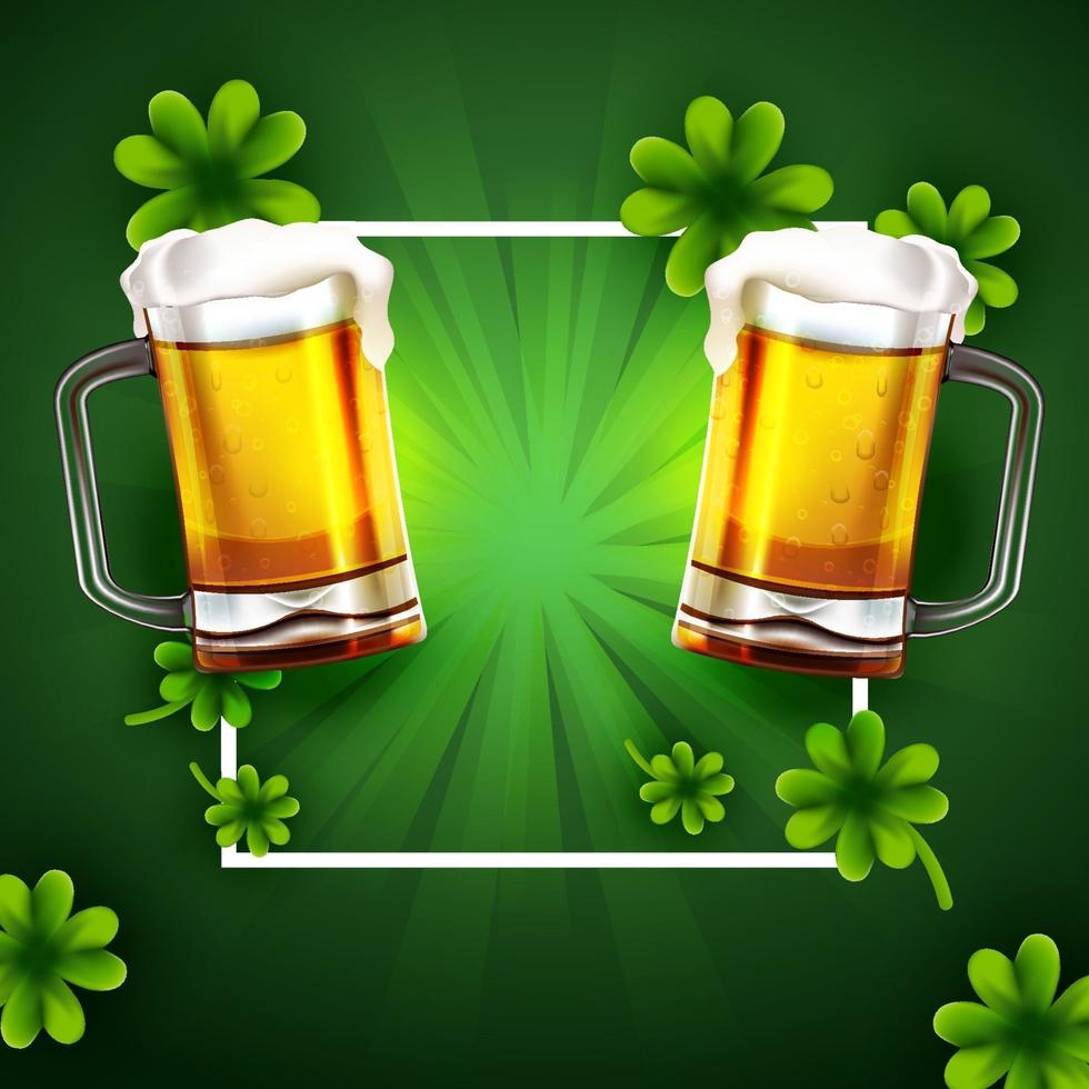 Shamrock St. Patrick's Day Background with two beer glasses vector