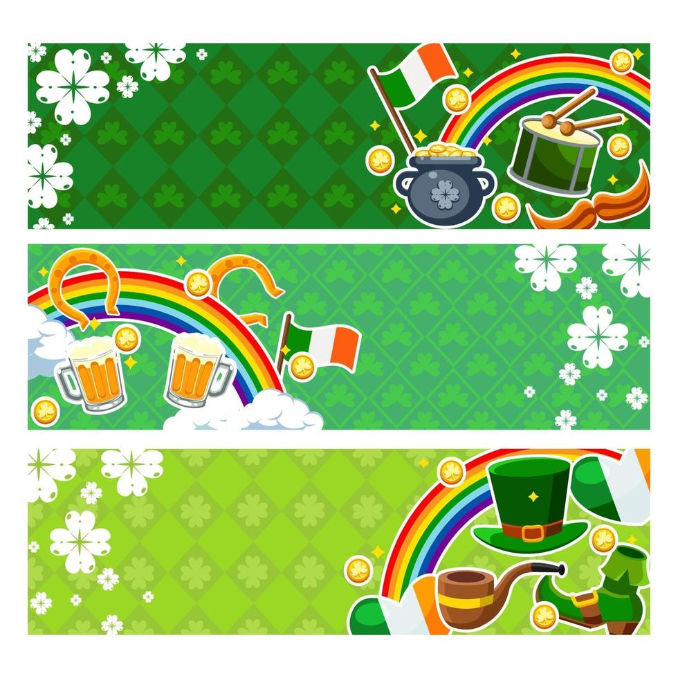 conjunto de banderas de trébol con iconos relacionados con el día de San Patricio vector