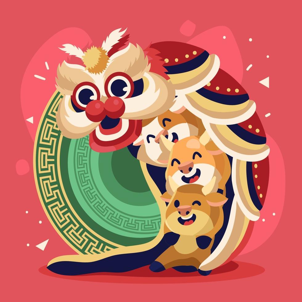 Three Cute Little Ox Doing Lion Dance vector