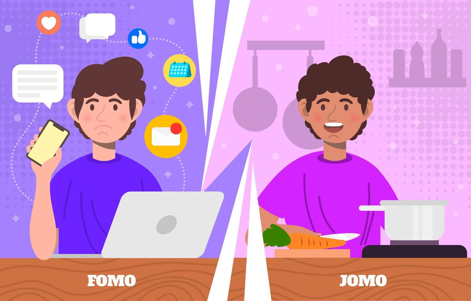 Flat FOMO VS JOMO vector