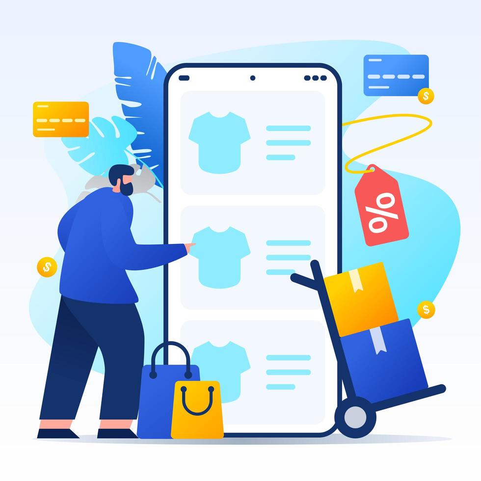 Man Shopping at Online Store From Smartphone vector