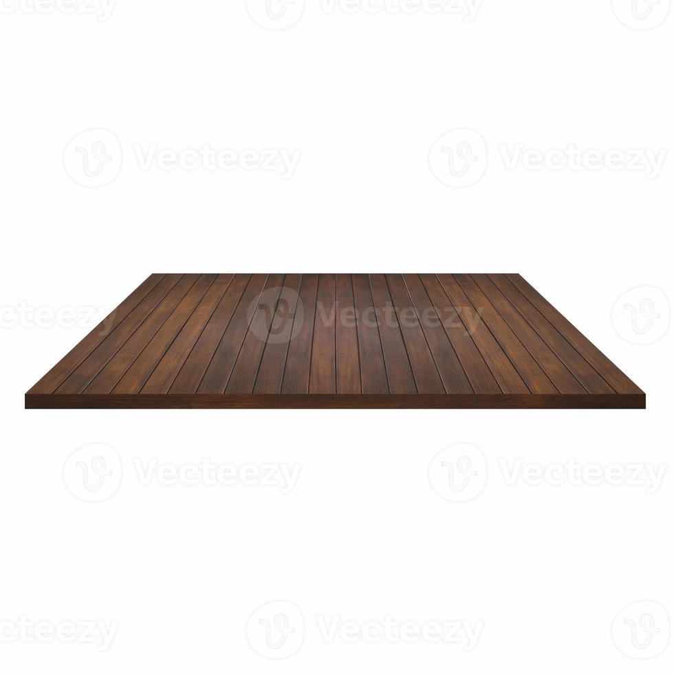 Piso de mesa de madera vacía o estante sobre fondo blanco. foto