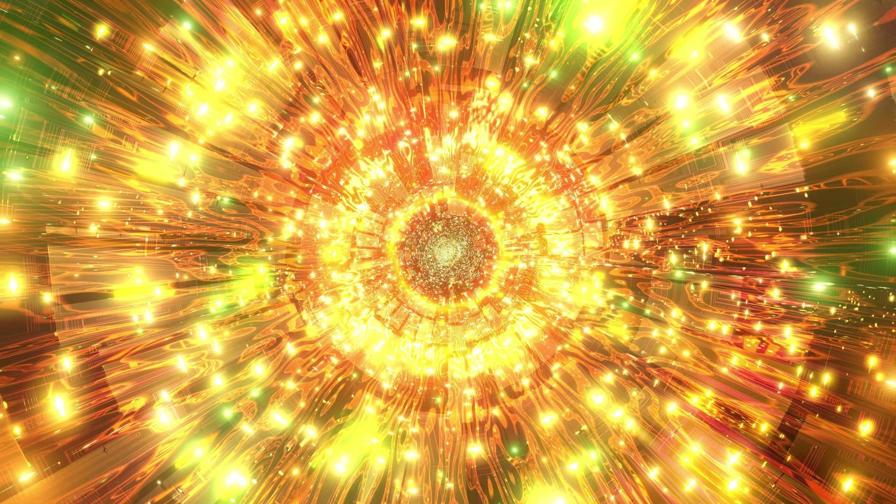 Green and orange lights and shapes in kaleidoscope 3d illustration for background or wallpaper photo