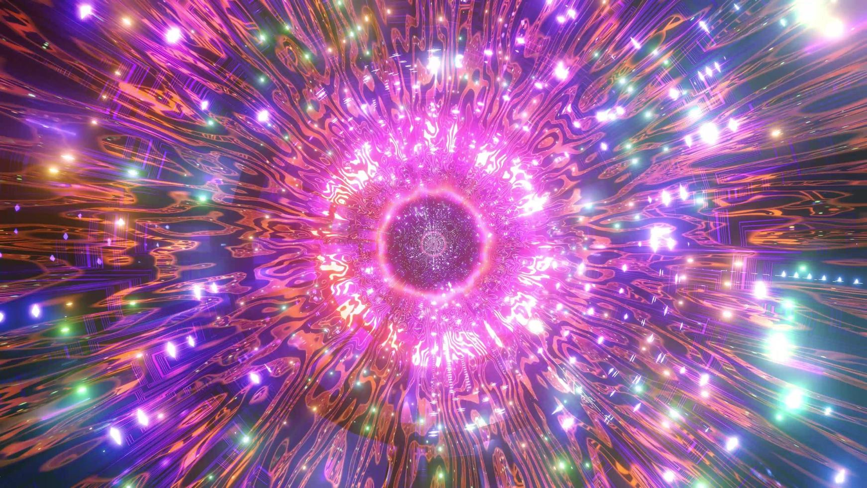 Orange, green, and pink lights and shapes in kaleidoscope 3d illustration for background or wallpaper photo