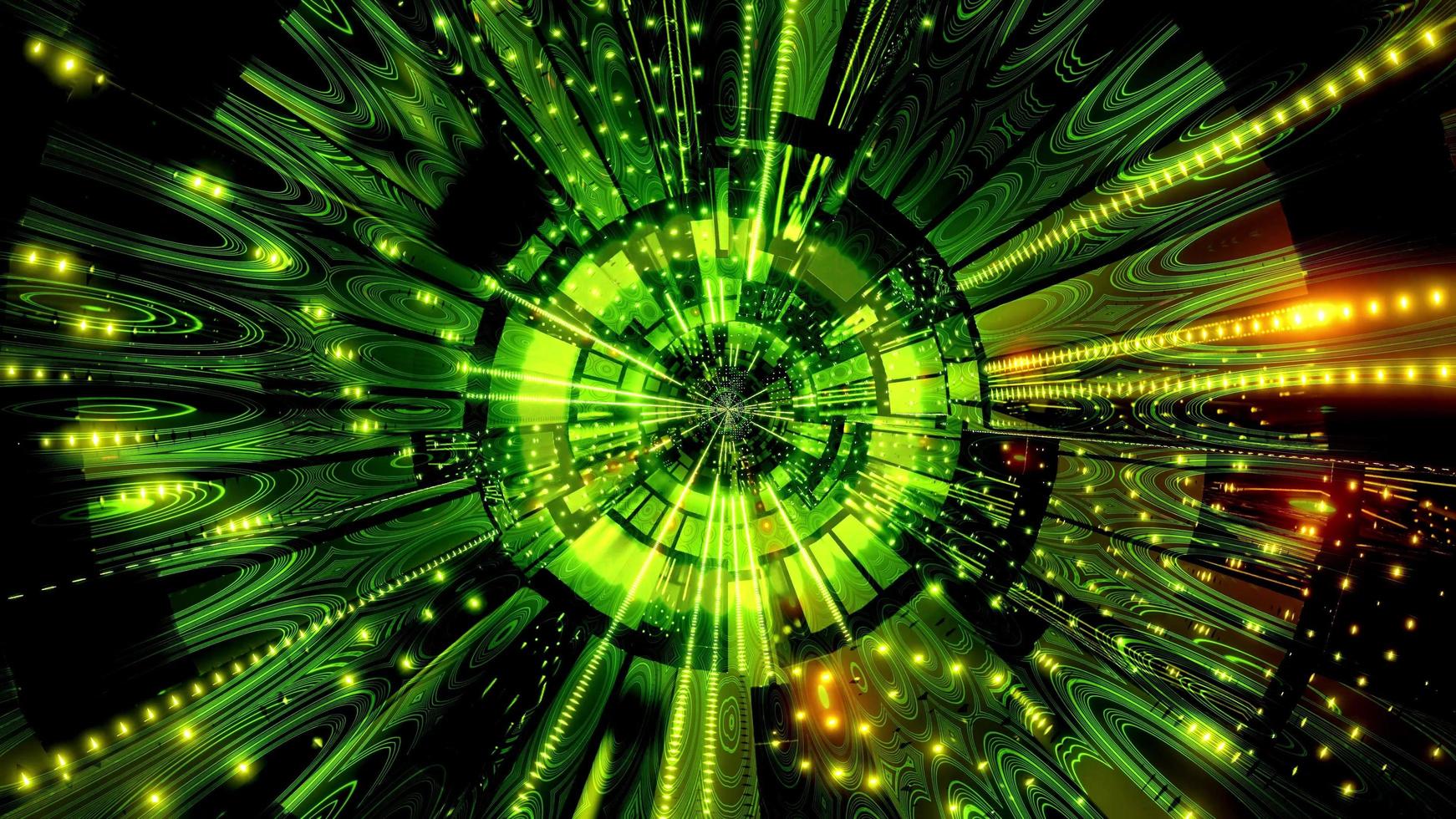 Luces y formas verdes y naranjas en la ilustración 3d del caleidoscopio para el fondo o papel tapiz foto
