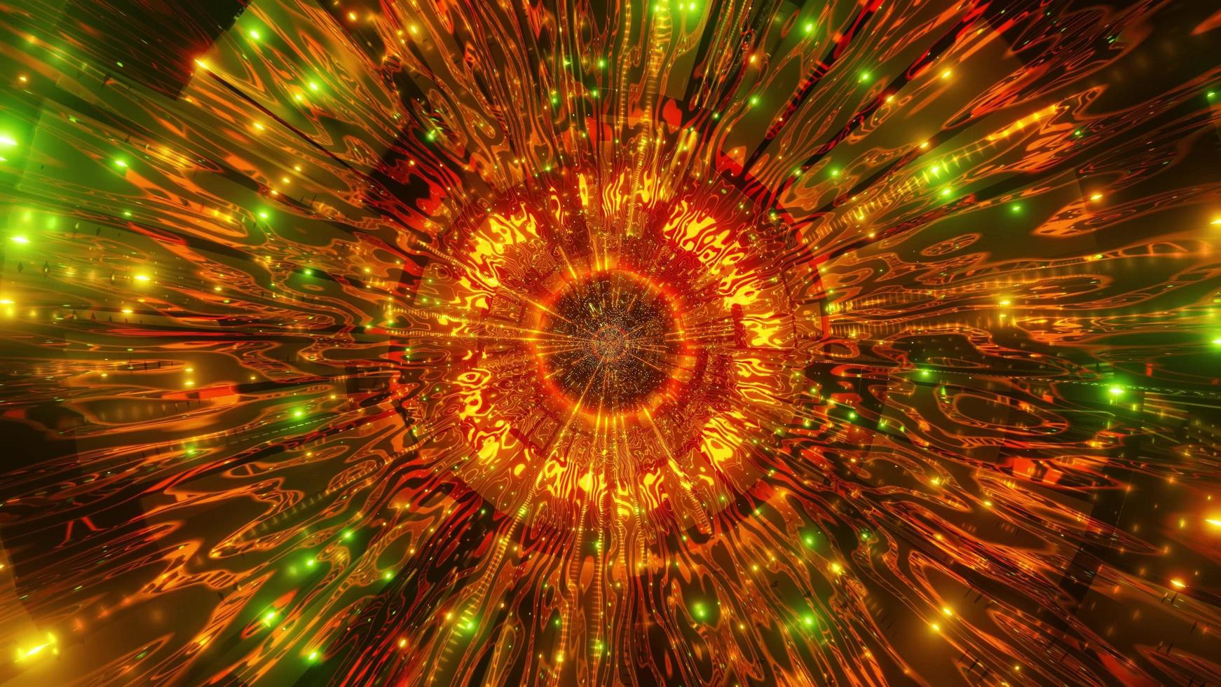 Luz naranja, verde y amarilla y formas en la ilustración 3d de caleidoscopio para fondo o papel tapiz foto