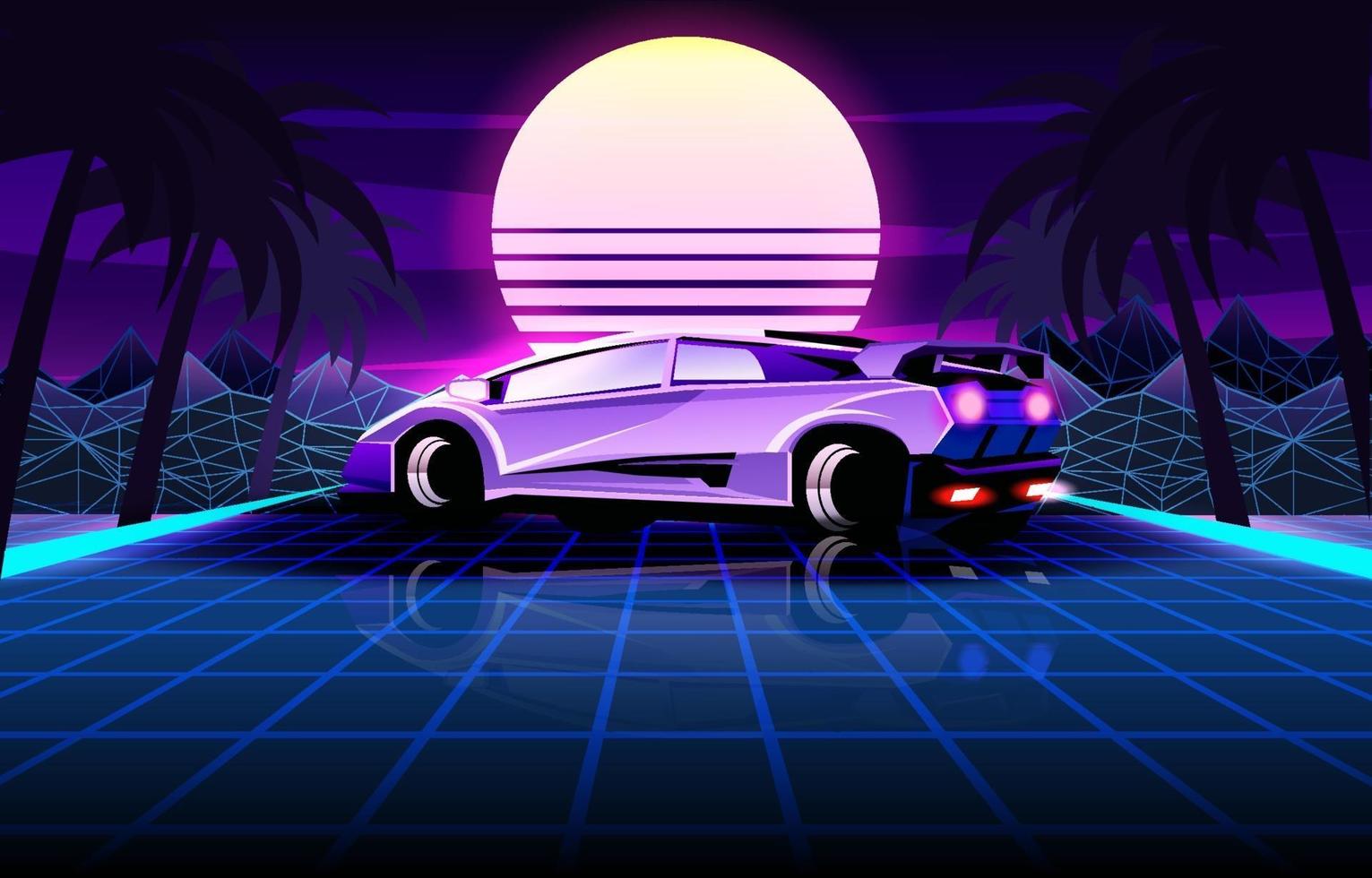 estilo retro futurista de los 80 con coche deportivo clásico vector