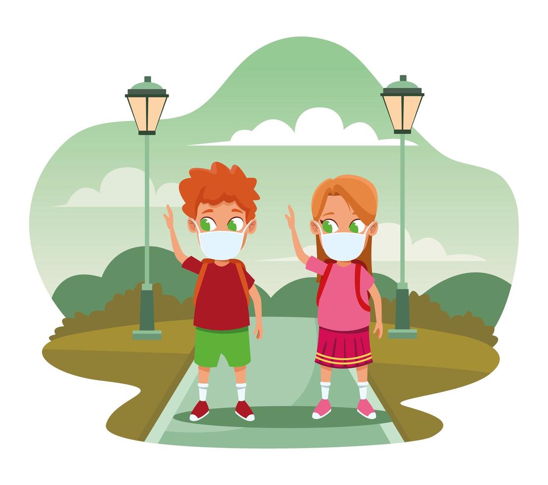 little kids using face masks for covid19 in the park vector