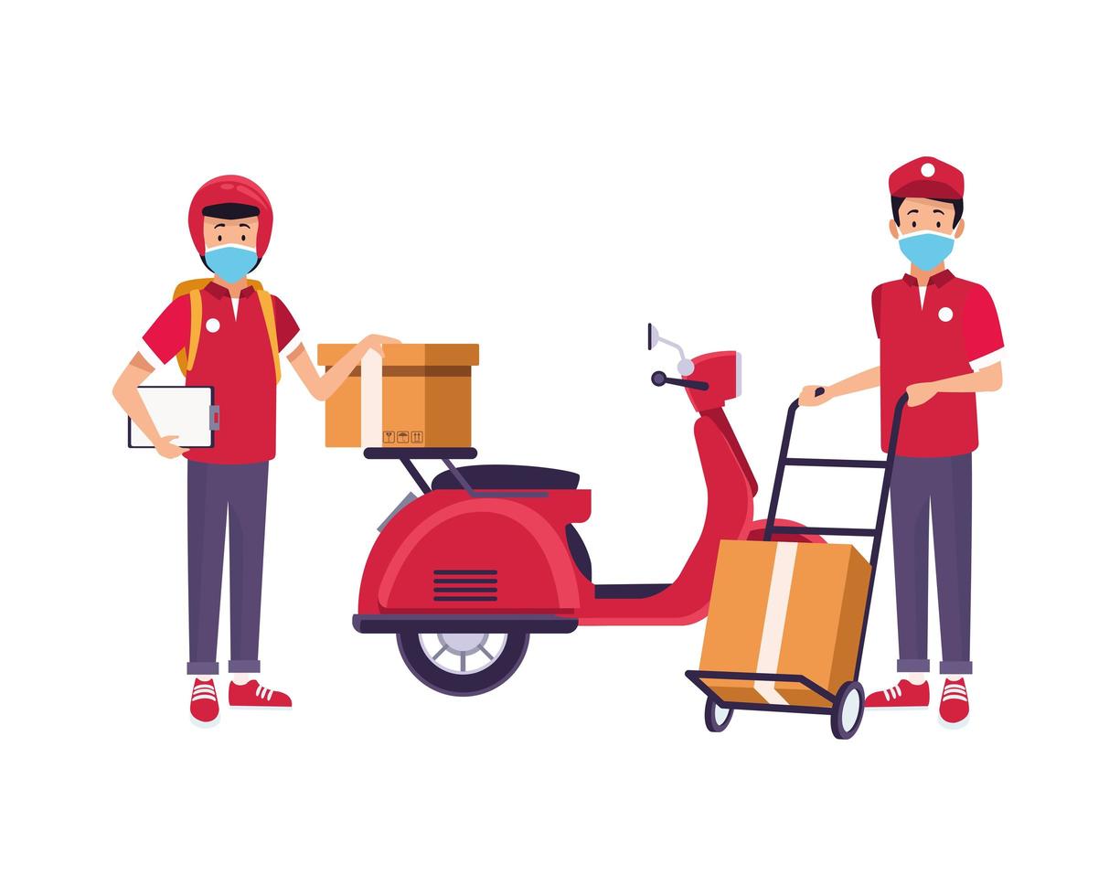 delivery workers with face masks in motorcycle and cart vector