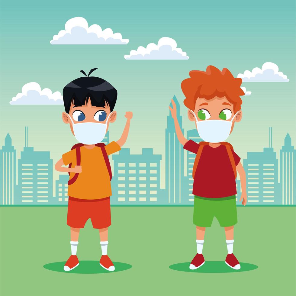 little boys using face masks for covid19 in the camp vector