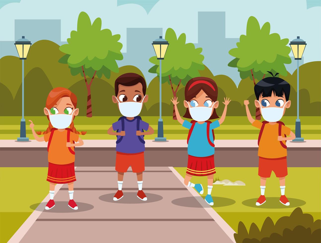 interracial kids using face masks for covid19 in the park vector