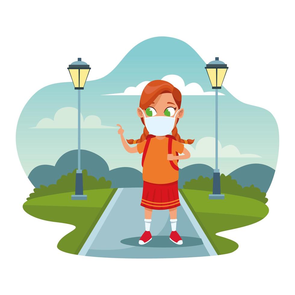 little girl using face mask for covid19 in the park vector