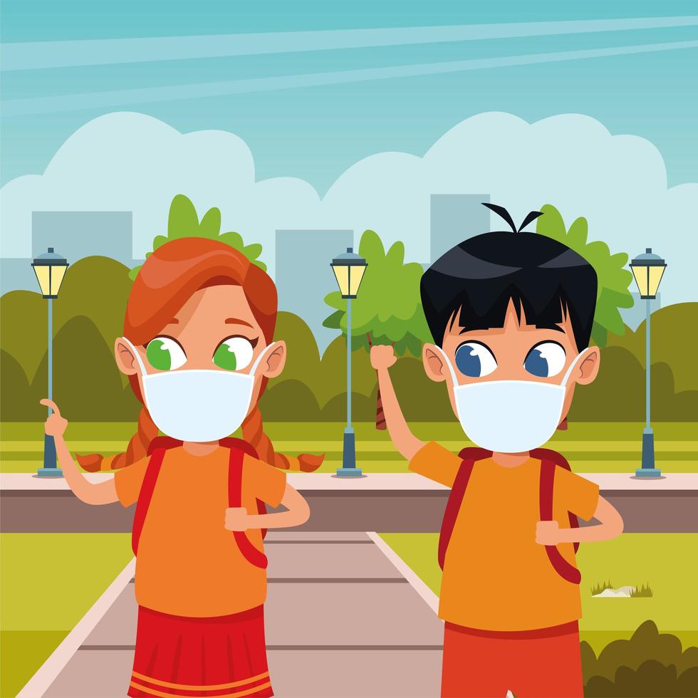 little kids couple using face masks for covid19 in the park vector