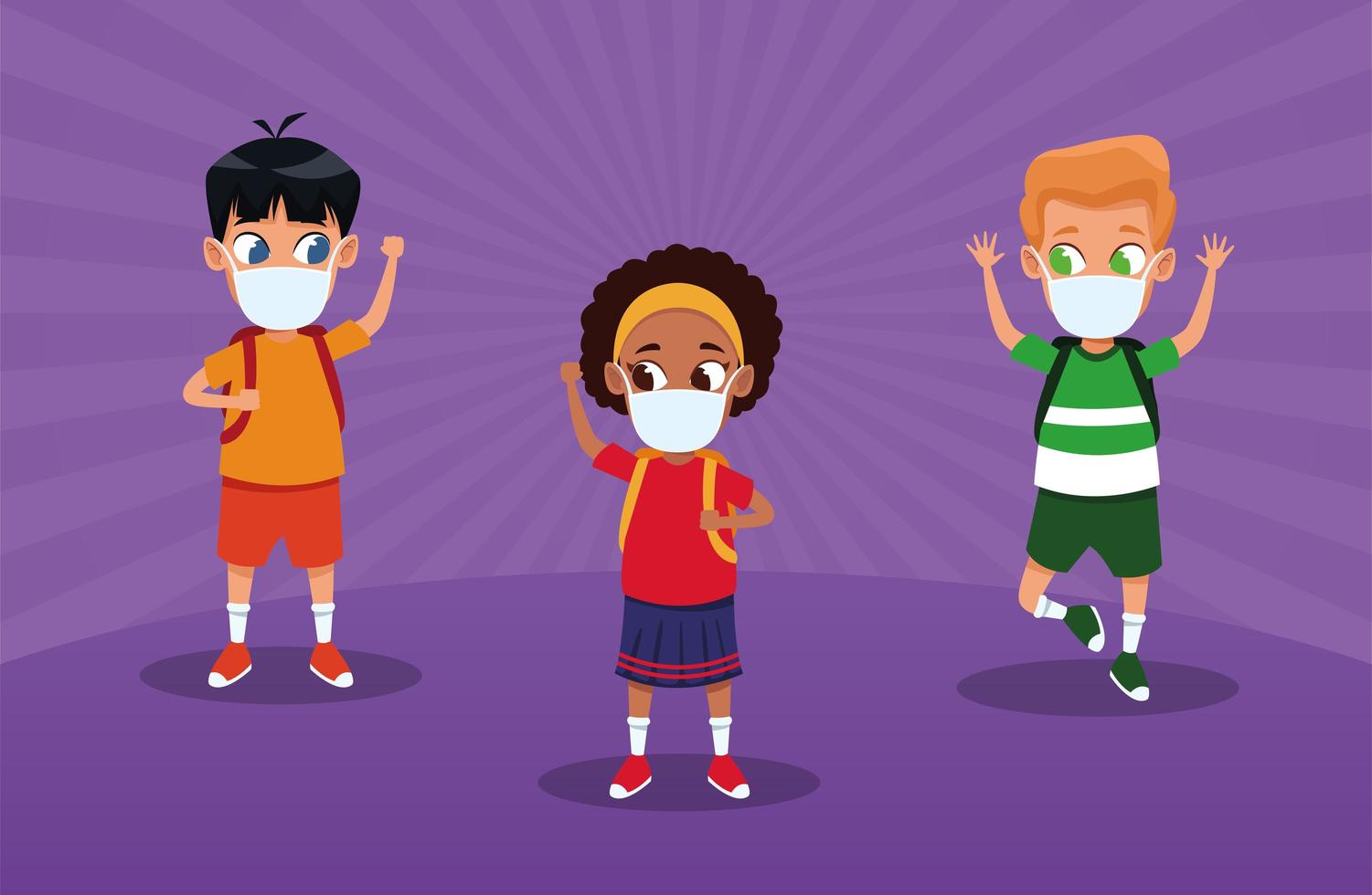 interracial kids using face masks for covid19 vector