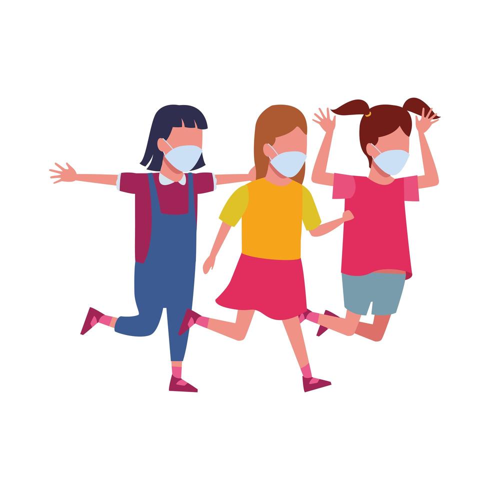 little girls using face masks for covid19 vector