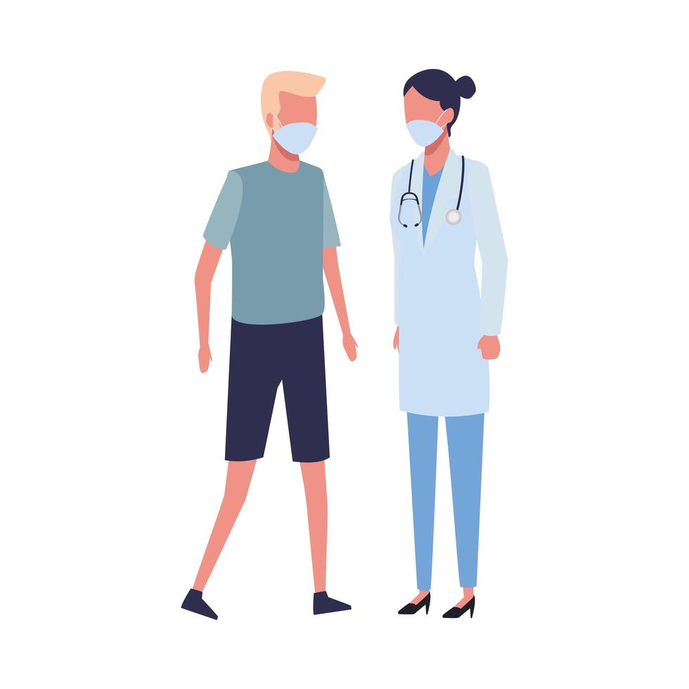 female doctor and man using face masks for covid19 vector