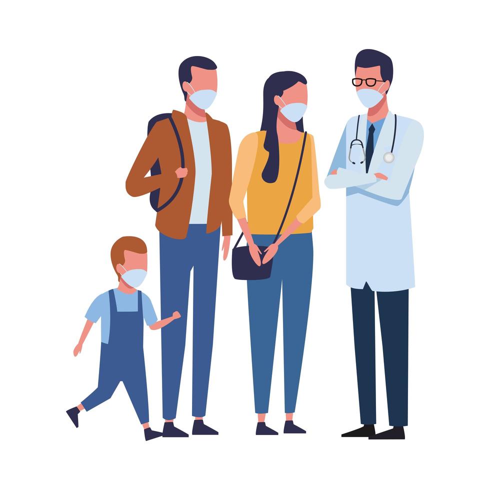 doctor with family using face masks for covid 19 vector