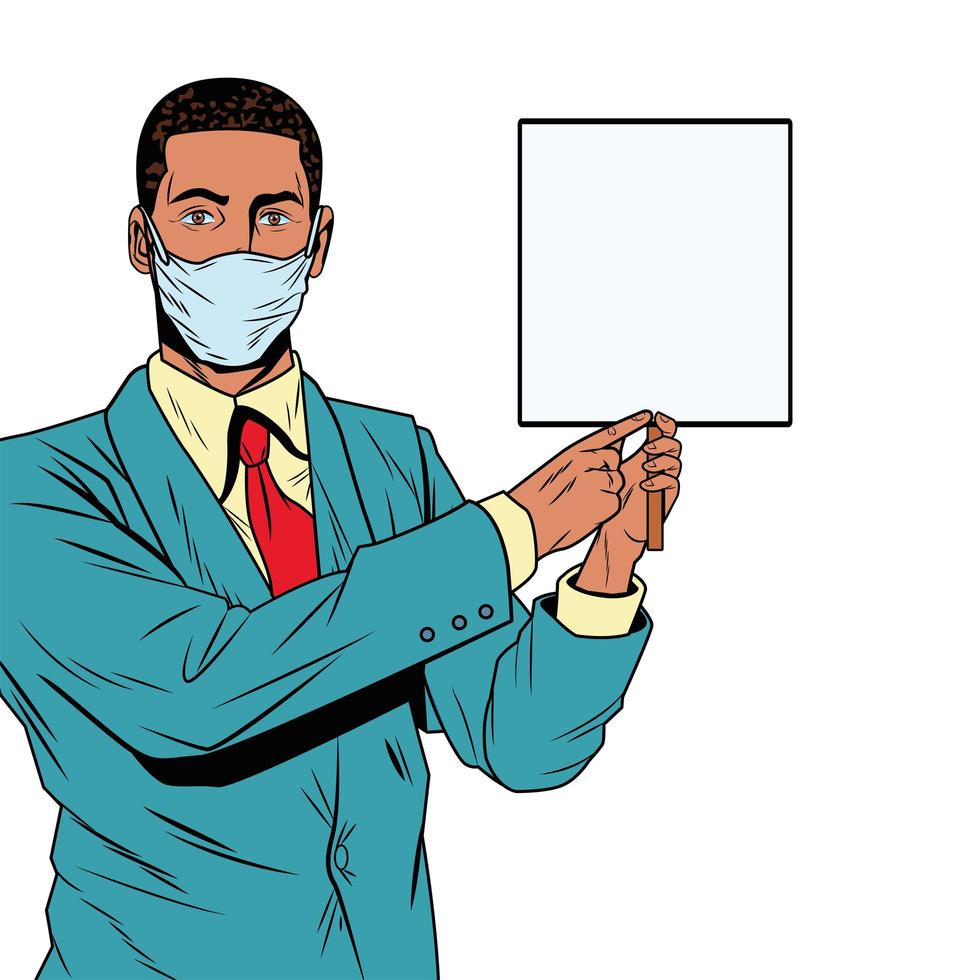 black businessman using face mask for covid19 with banner vector