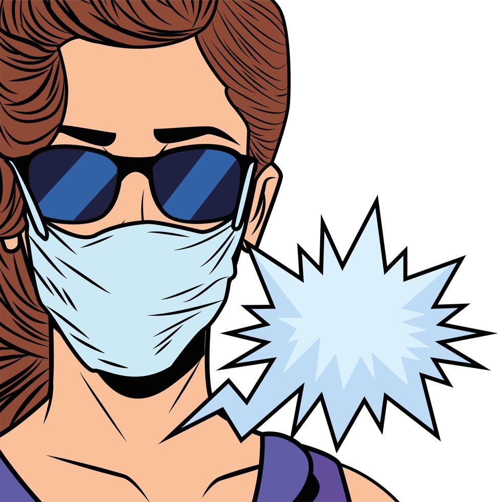 woman using face mask for covid19 with speech bubble vector