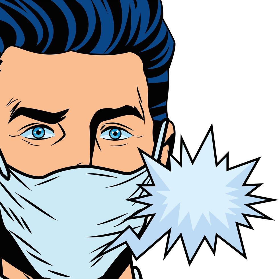 man using face mask for covid19 with speech bubble pop art vector