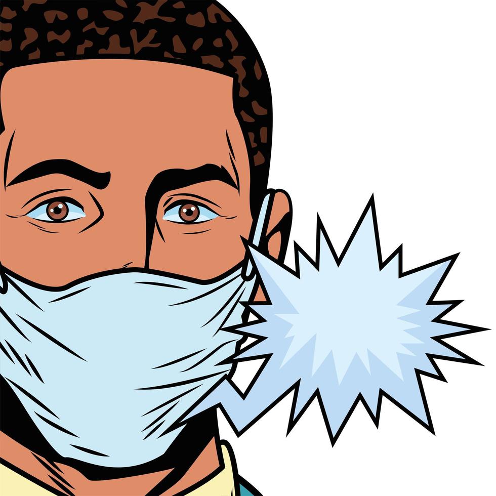 black man using face mask for covid19 with speech bubble pop art vector