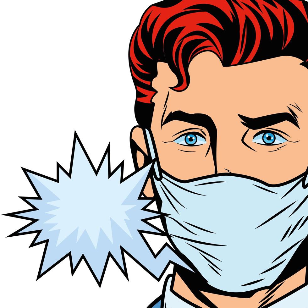 man using face mask for covid19 with speech bubble pop art vector