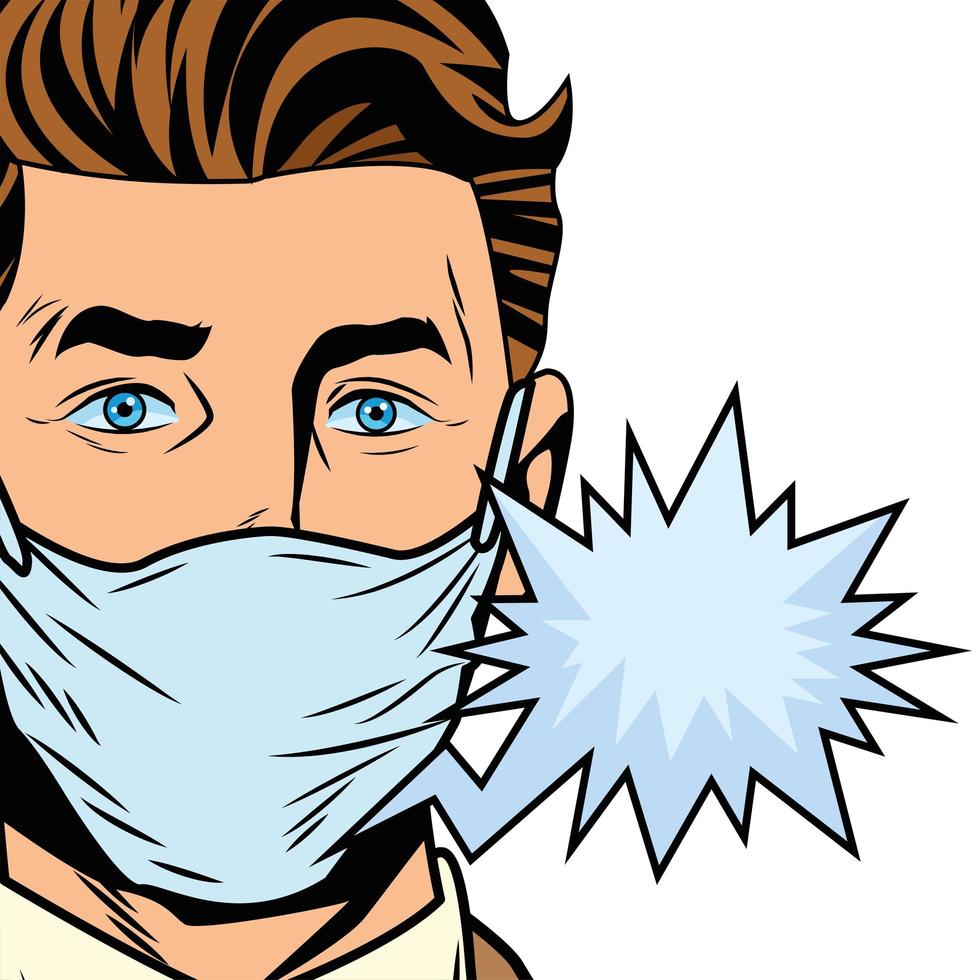 man using face mask for covid19 with speech bubble pop art vector