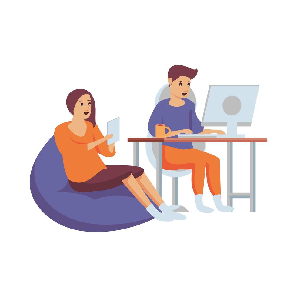 couple using computer and tablet to work at home vector