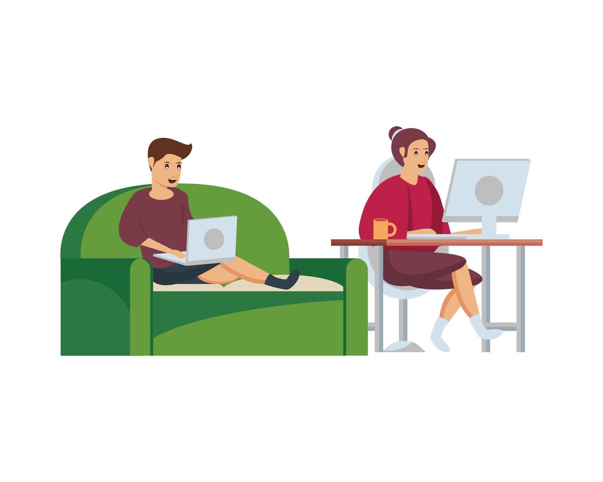 couple using computers to work at home vector