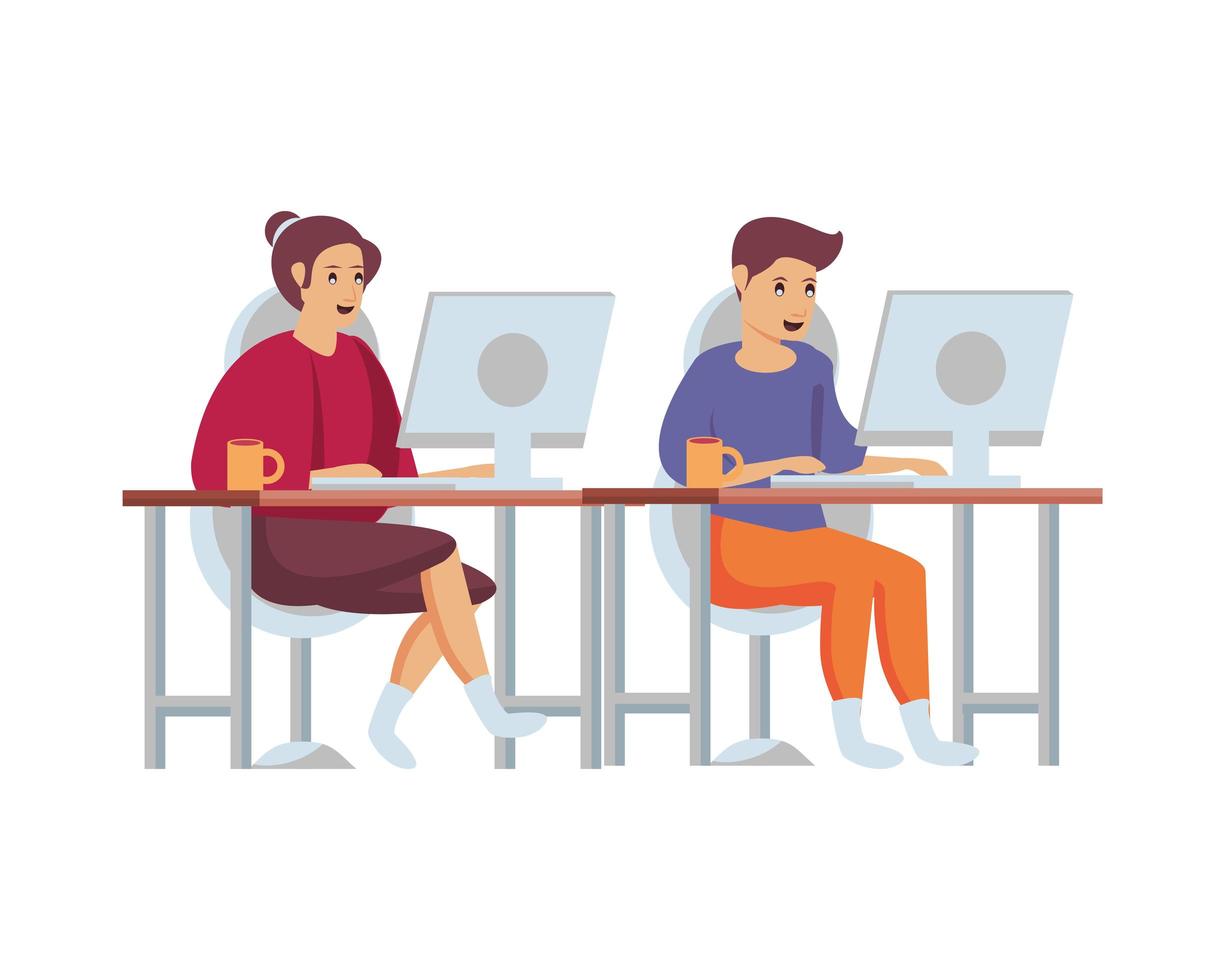 couple using computers to work at home vector