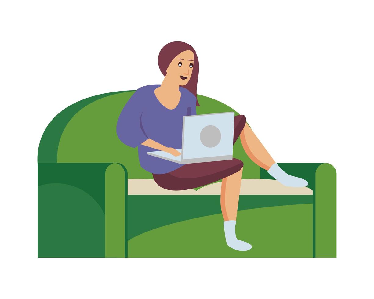 woman using laptop work at home in sofa vector