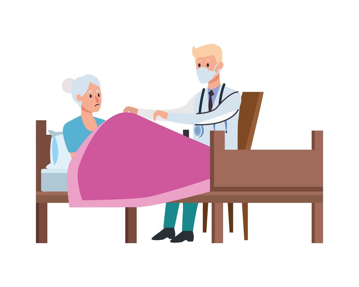 doctor attending to old woman lying in bed vector