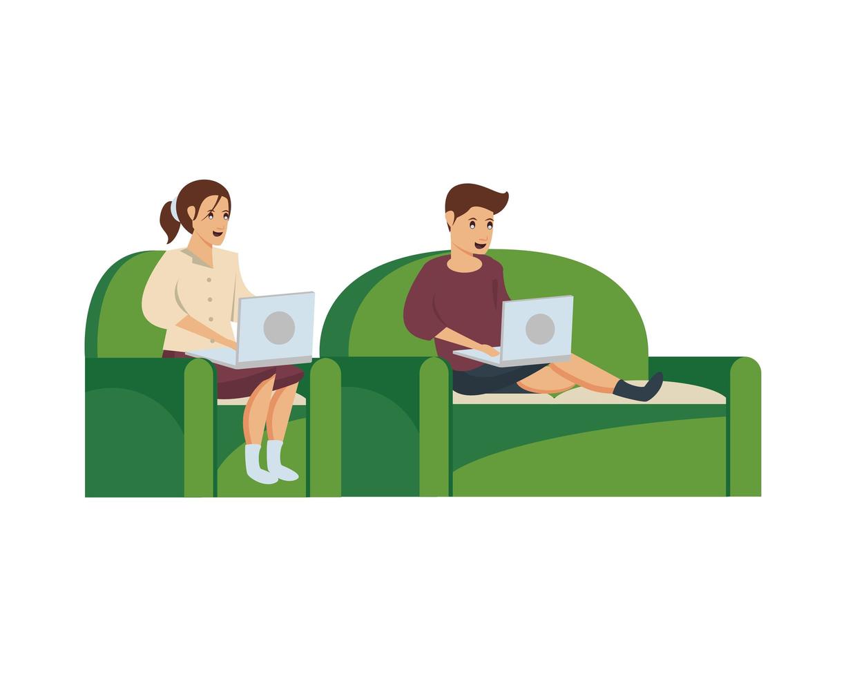 couple using computers to work at home vector