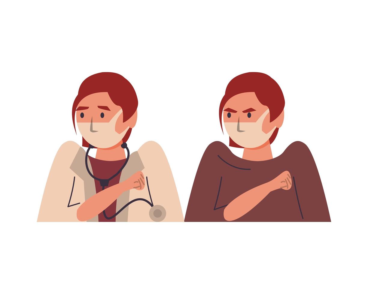 female doctor and patient using face masks characters vector