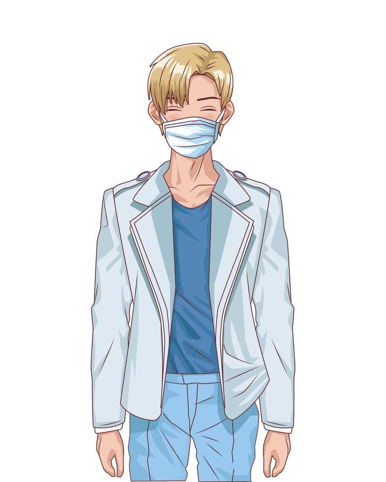 young man using face mask anime character vector