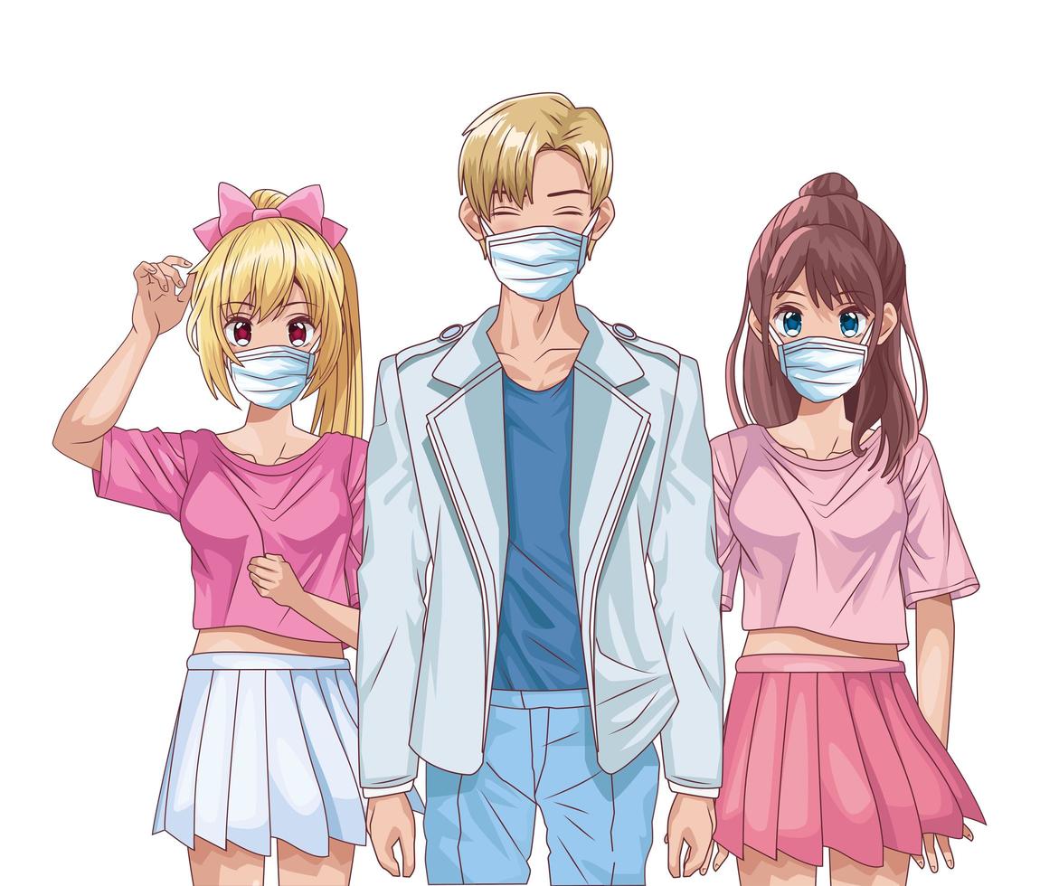 young people using face masks anime characters vector