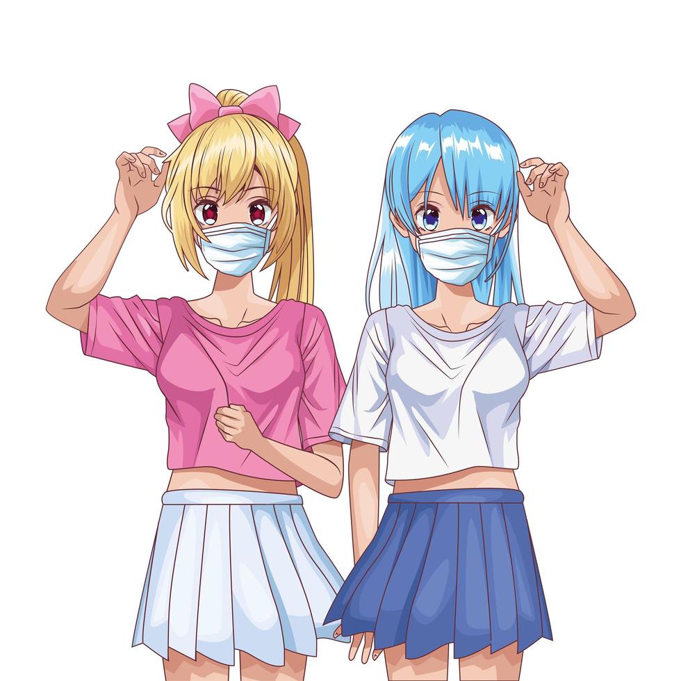 girls using face masks anime characters vector