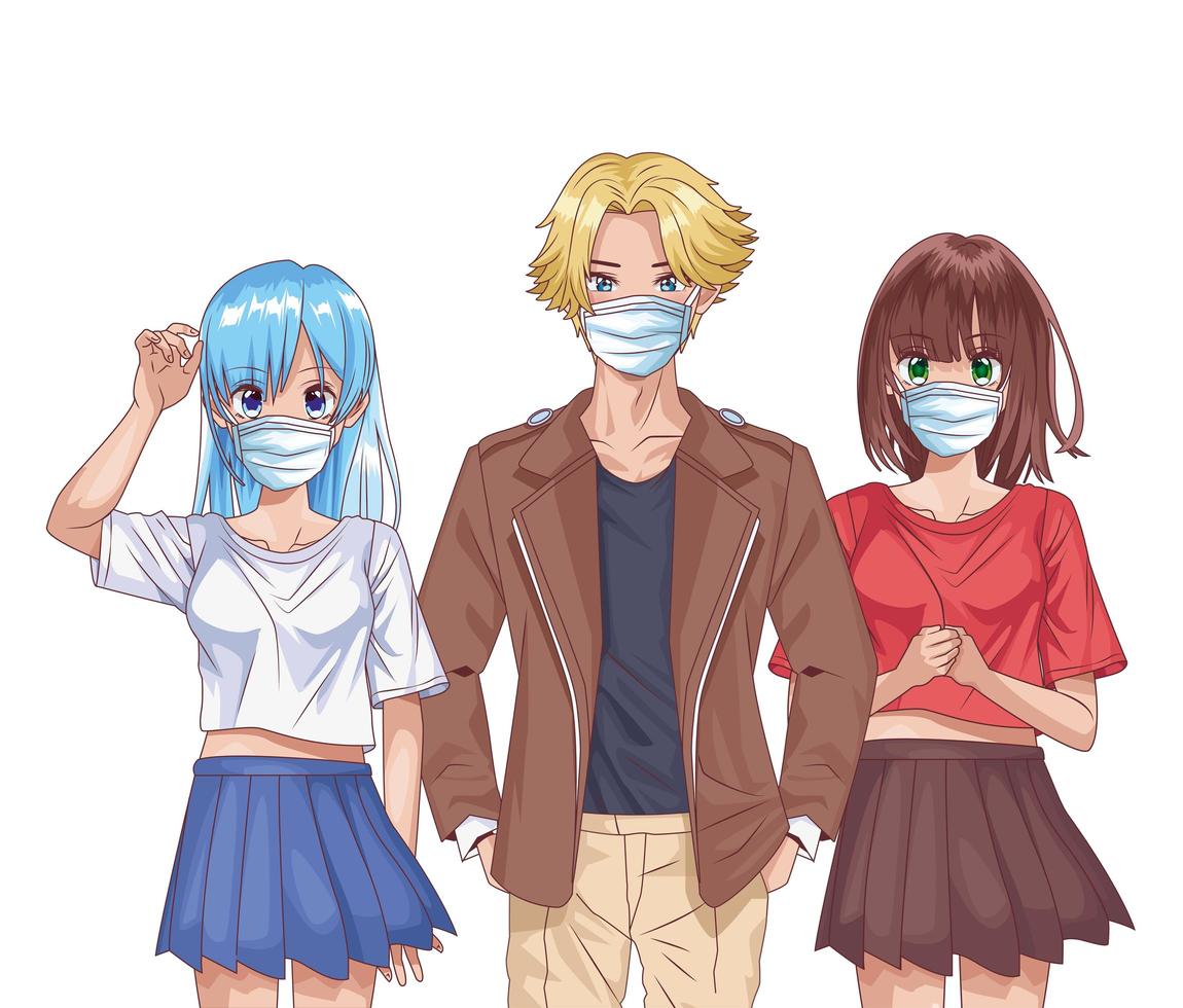 young people using face masks anime characters vector