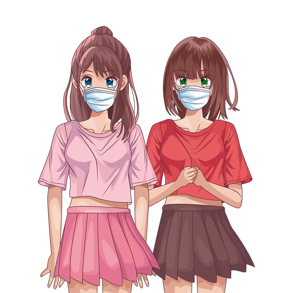 girls using face masks anime characters vector