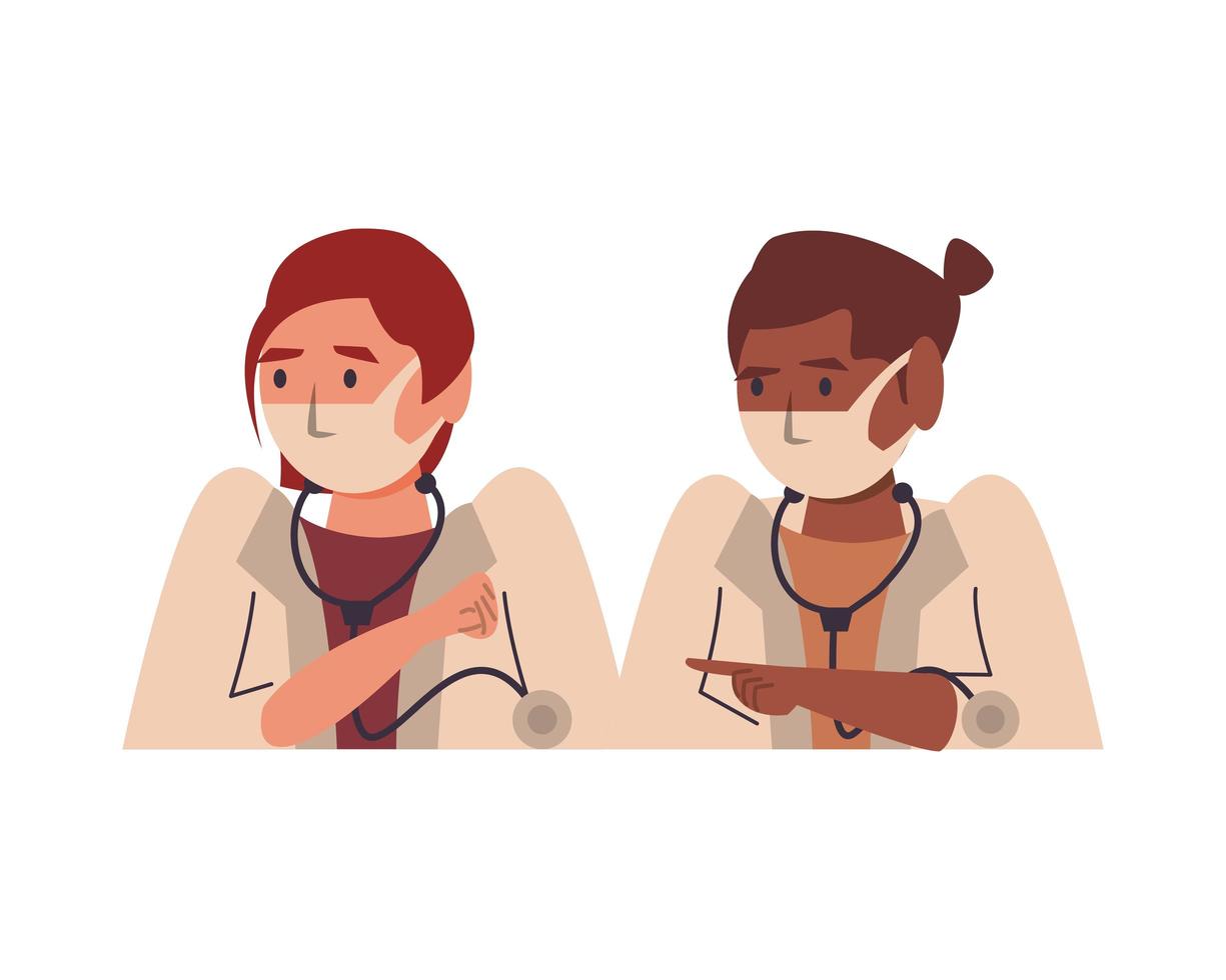 interracial female doctors using face masks characters vector