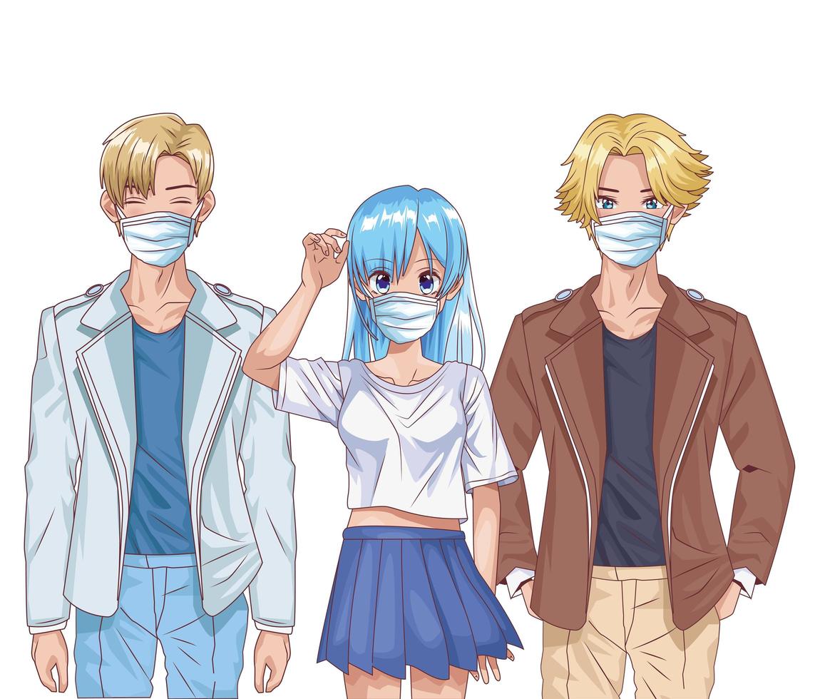 young people using face masks anime characters vector